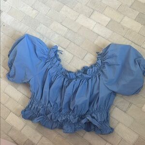 Zara Blue Puff Sleeve Smocked Crop Blouse
